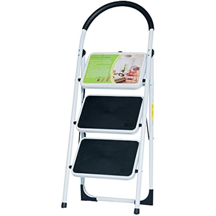 Good Life EN131 Folding 3 Step Ladder Home Depot Steel Step Ladders Lightweight 300 lb Capacity with Hand Grip Anti-Slip and Wide Pedal 3 Step