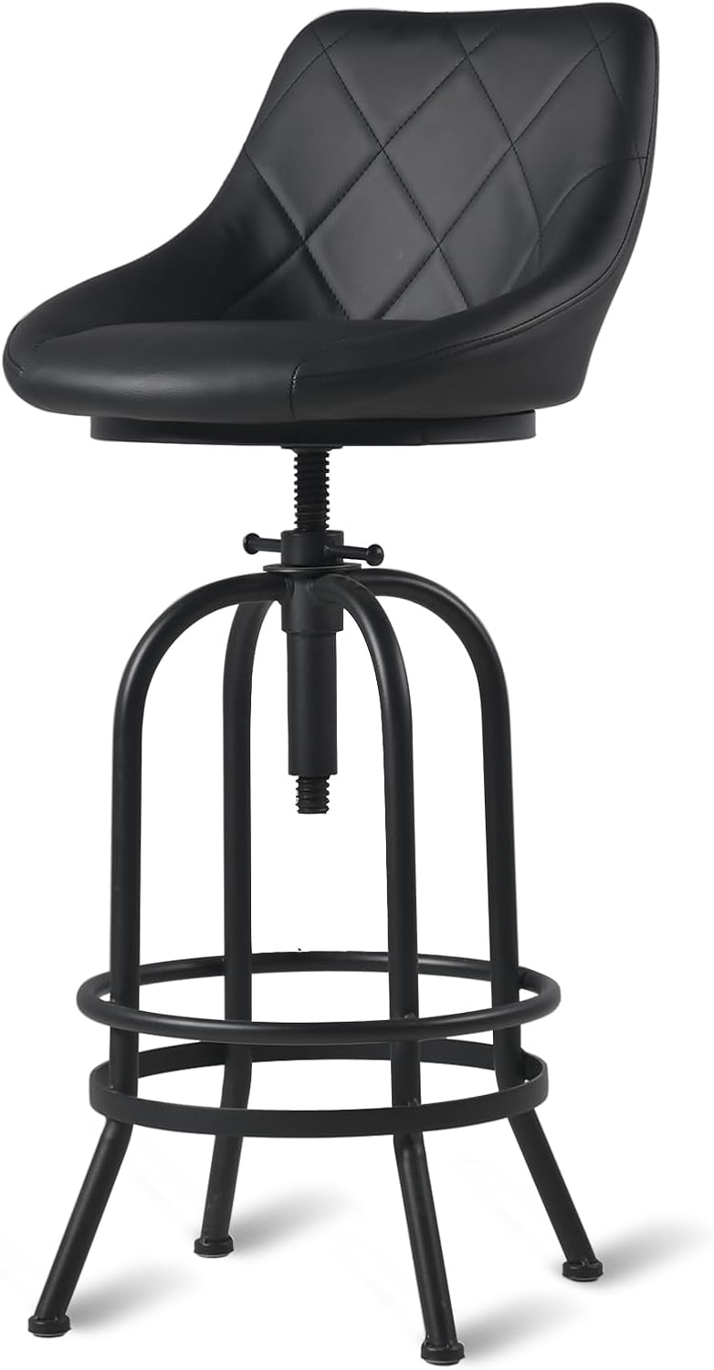 Industrial Bar Stool with Leather Backrest 26-32inch Height Adjustable Rustic Swivel Office Chairs Vintage Pub Stools for Kitchen Island Dining Room Living Room