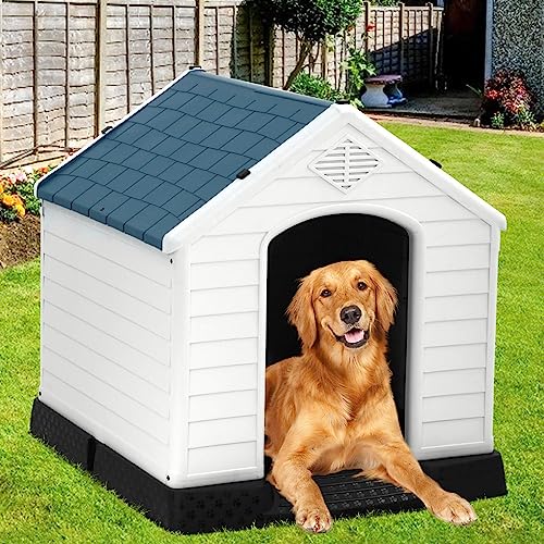 BLKMTY Dog House for Large Medium Small Dogs, Indoor Outside Dogs Pet Houses, Outdoor All Weather Dog Houses WBase Support for Winter Durable, 34 D, Blue
