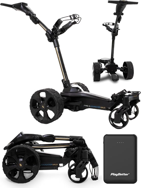 MGI Ai Navigator Halo Remote Electric Golf Caddy Bundle - Geo Protect Technology, Terrain Handling & Stability & Compact Folding Design with MGI Multipurpose Clip & PlayBetter Portable Charger