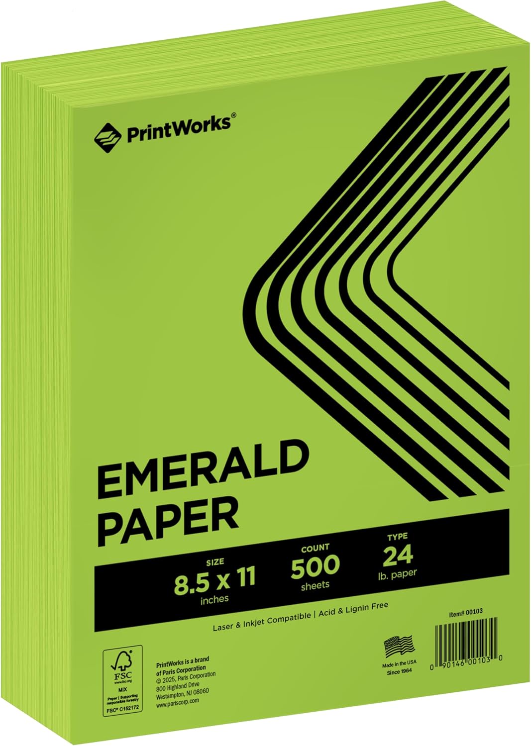 PrintWorks Premium Bright Emerald Green Colored Paper 8.5 x 11 - 24 lb89 gsm - 500 Sheets - Made in the USA - FSC® Certified - Acid-Free & Fade-Resistant - Printer Compatible 00103
