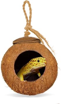 SunGrow Leopard Gecko Coco Hut, Gecko Climbing Accessories, Raw Coconut Shell Reptile Hide, Terrarium Habitat Decor, 2.5 Opening Diameter, with Fiber Loop for Hanging 1-Hole