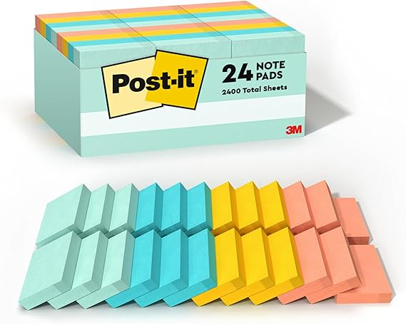 Post-it Notes, 1 3/8 in x 1 7/8 in, 24 Sticky Note Pads, 100 Sheets per Pad, Beachside Cafe Collection, School Supplies and Office Products