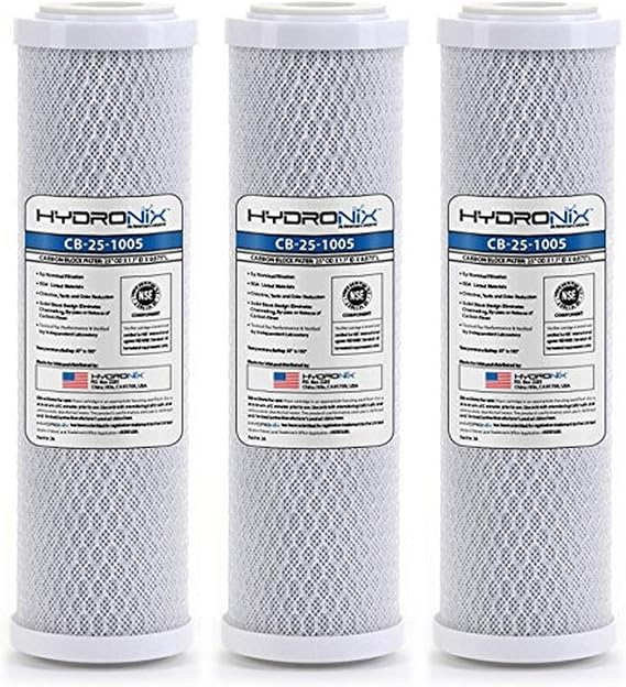 Hydronix HX-CB-25-1005/3 Whole House RO & Drinking Systems NSF Coconut Carbon Block Water Filter 2.5 x 10-5 Micron, 3 Count (Pack of 1), White