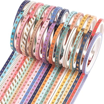 YUBX 24 Rolls Washi Tape Set Foil Gold Skinny Decorative Masking Tape 3MM Wide Scrapbook Tape for DIY Craft Art Projects Journal Gift Wrapping